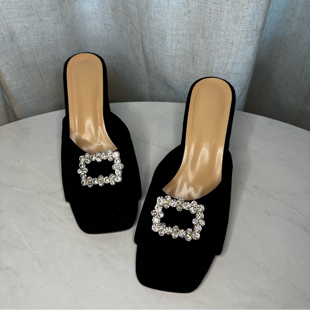 Black Slip on Sandal Crystal/Rhinestone Embellishment Heels Size 40